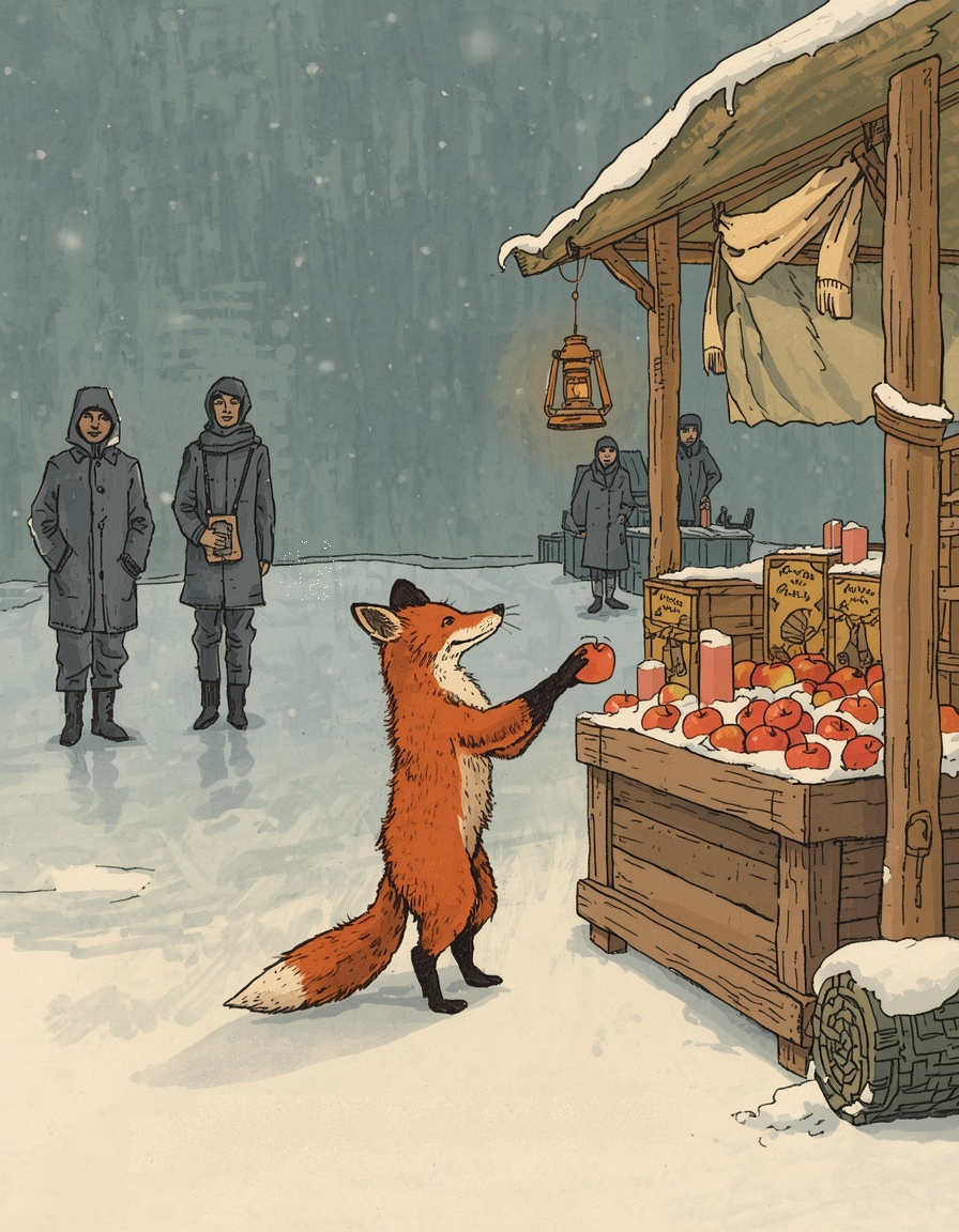 Лис у прилавка с яблоками — изображение, созданное в Midjourney